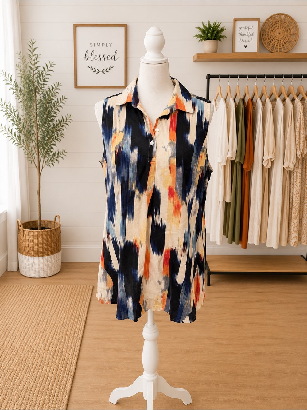For Cynthia Linen Blend Abstract Sleeveless Collared Blouse L Blue Orange